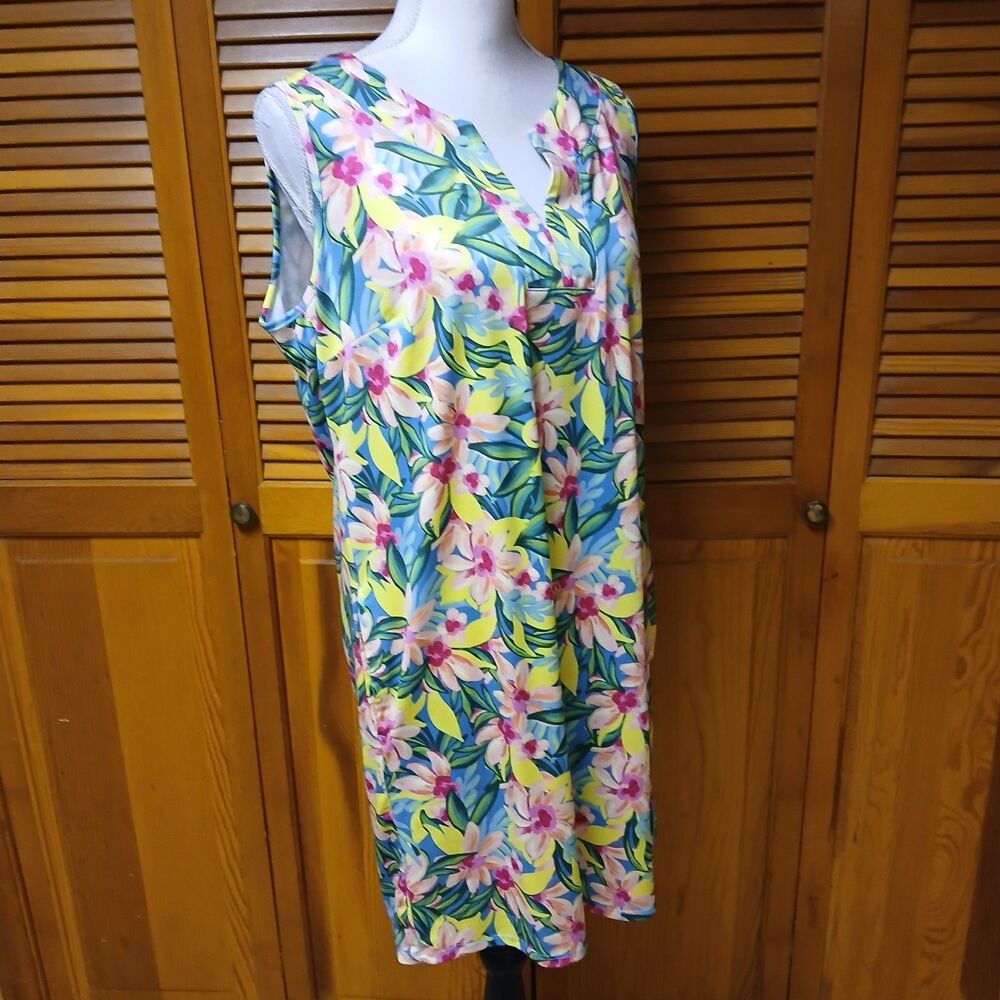 Caribbean Joe Women's Tropical Floral Sleeveless Blue Pink Shift Dress Large - Picture 4 of 9